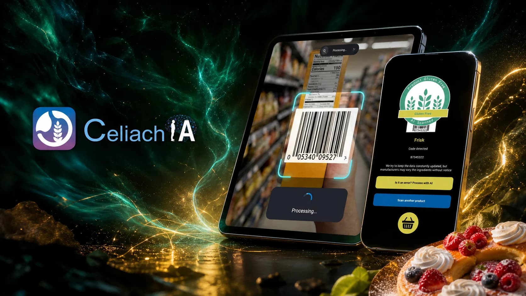 Celiach-IA barcode scanner in an emerald, cyan, and gold cosmic scene