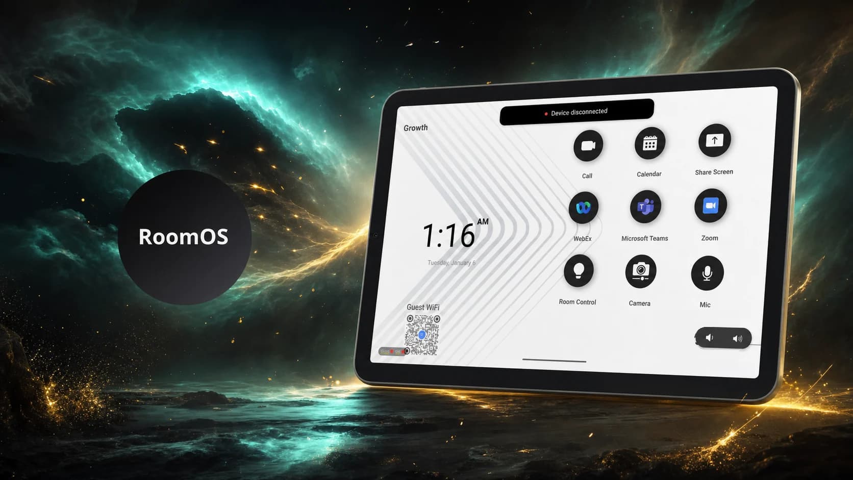 Room-OS tablet controller in an emerald and gold cosmic scene
