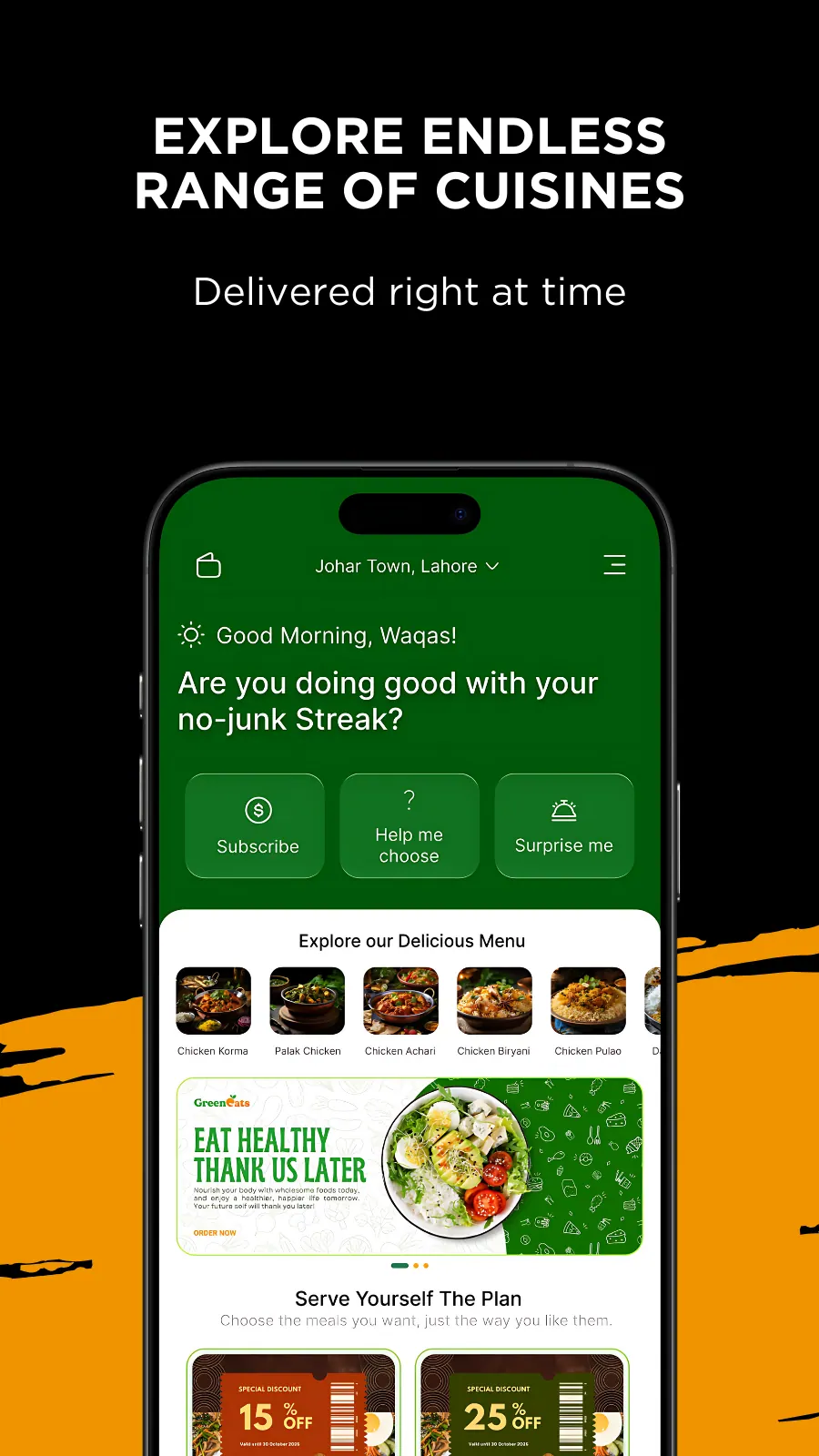 Green Eats home screen showing meal discovery and plans