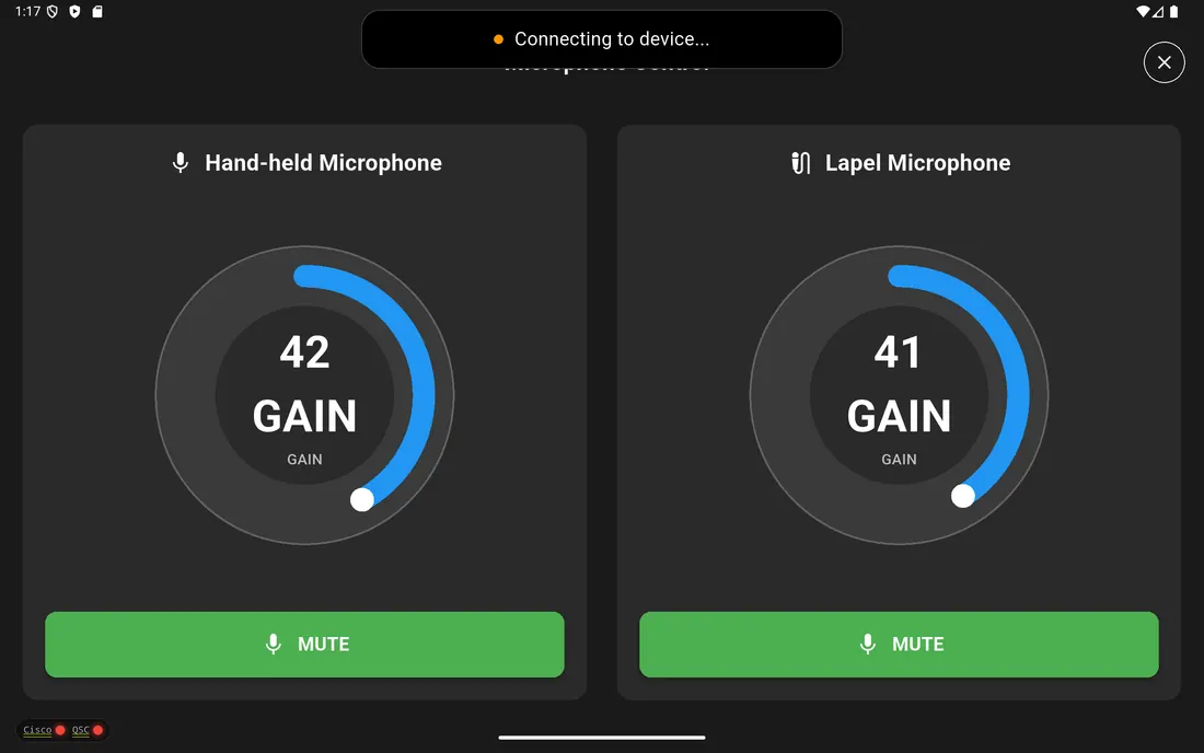 Room-OS microphone gain and mute controls on a tablet