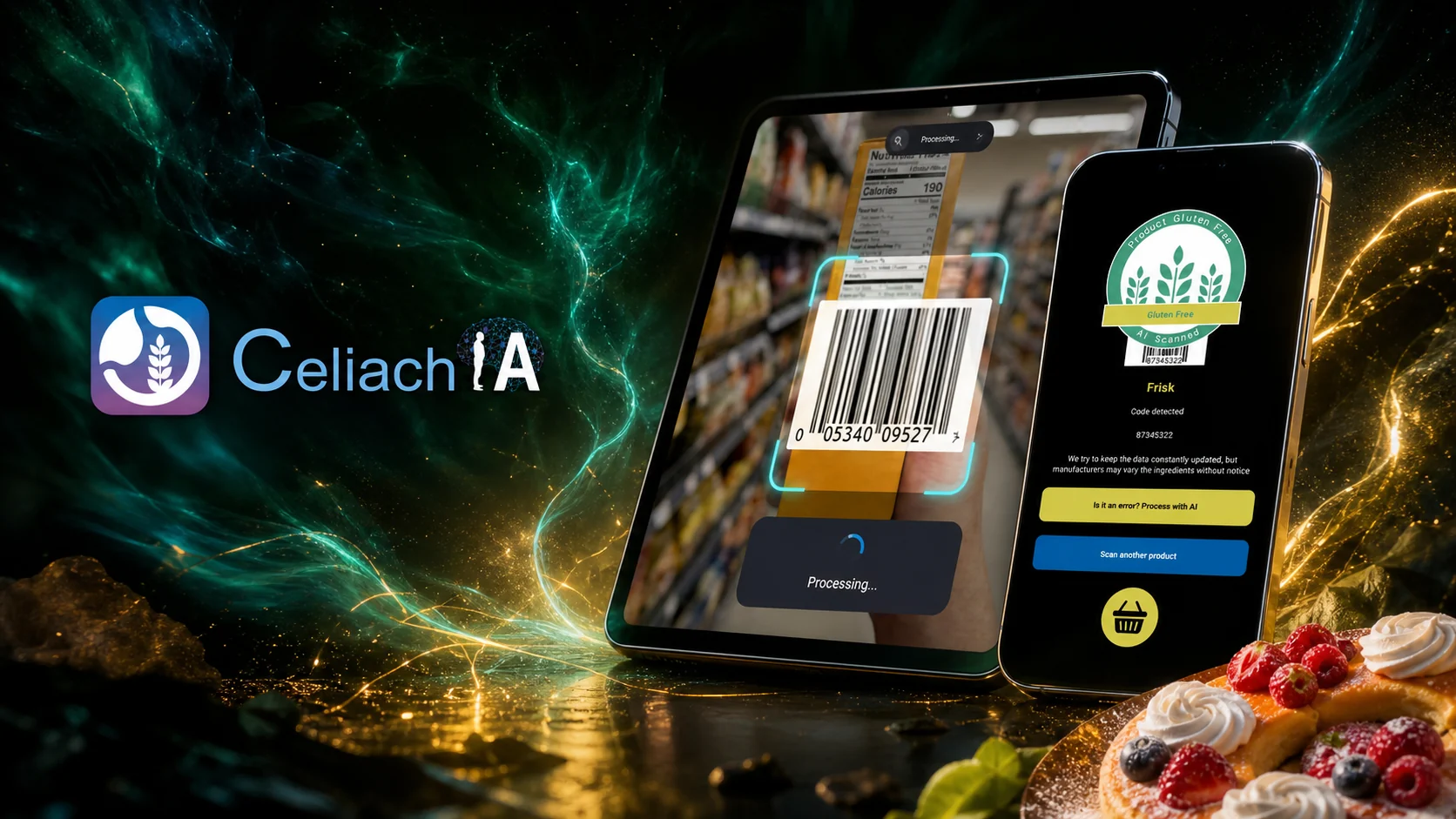 Celiach-IA barcode scanner in an emerald, cyan, and gold cosmic scene