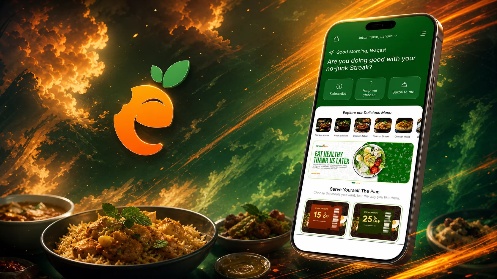 GreenEats mobile app in a warm green and amber anime-inspired scene
