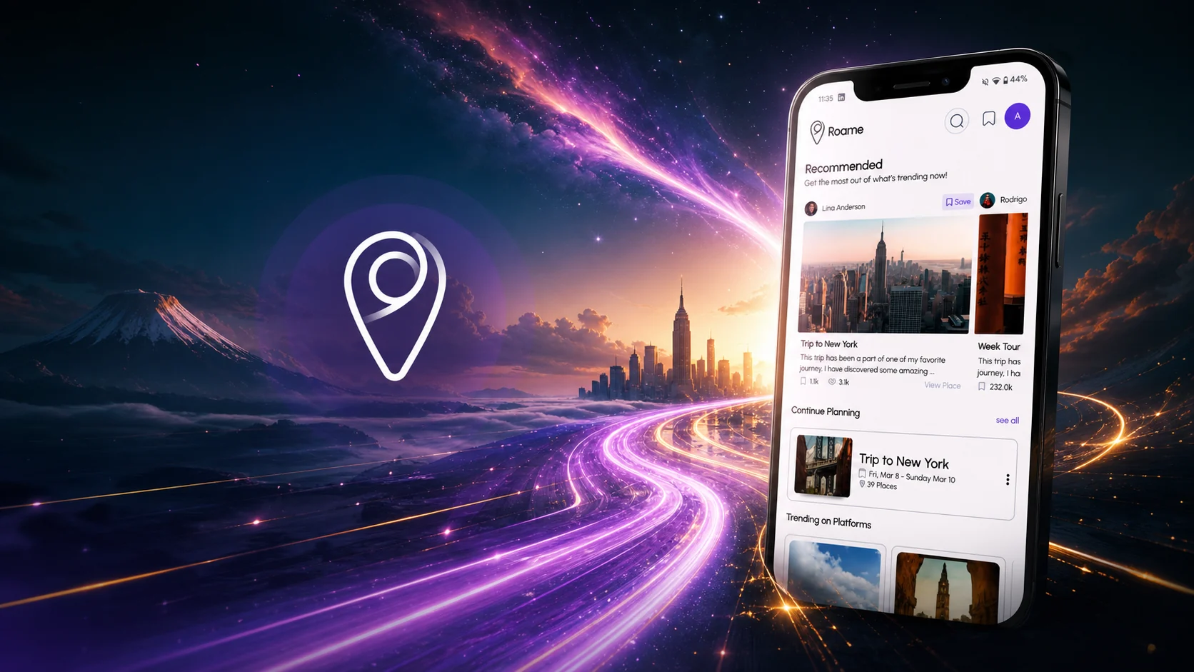 Roame travel app in a violet, amber, and deep-blue cosmic journey