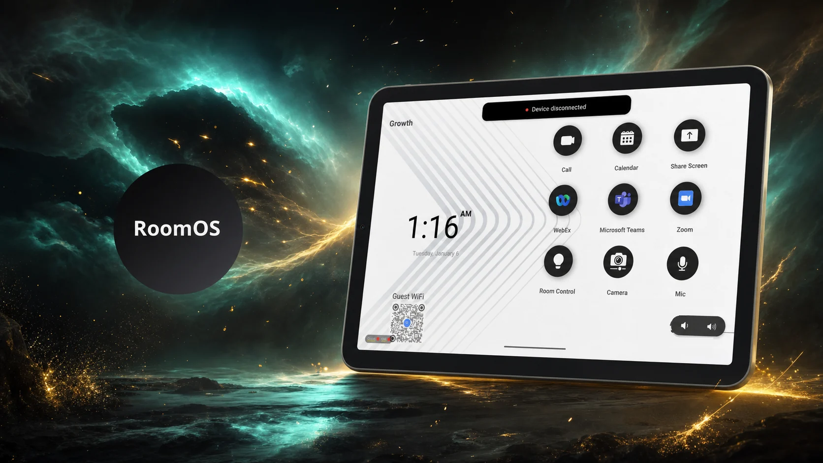 Room-OS tablet controller in an emerald and gold cosmic scene